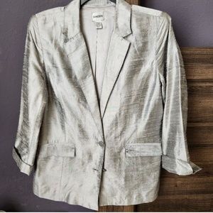 Chico’s Size 2 Large Silver Pure Silk Blazer Jacket Textured Button Front